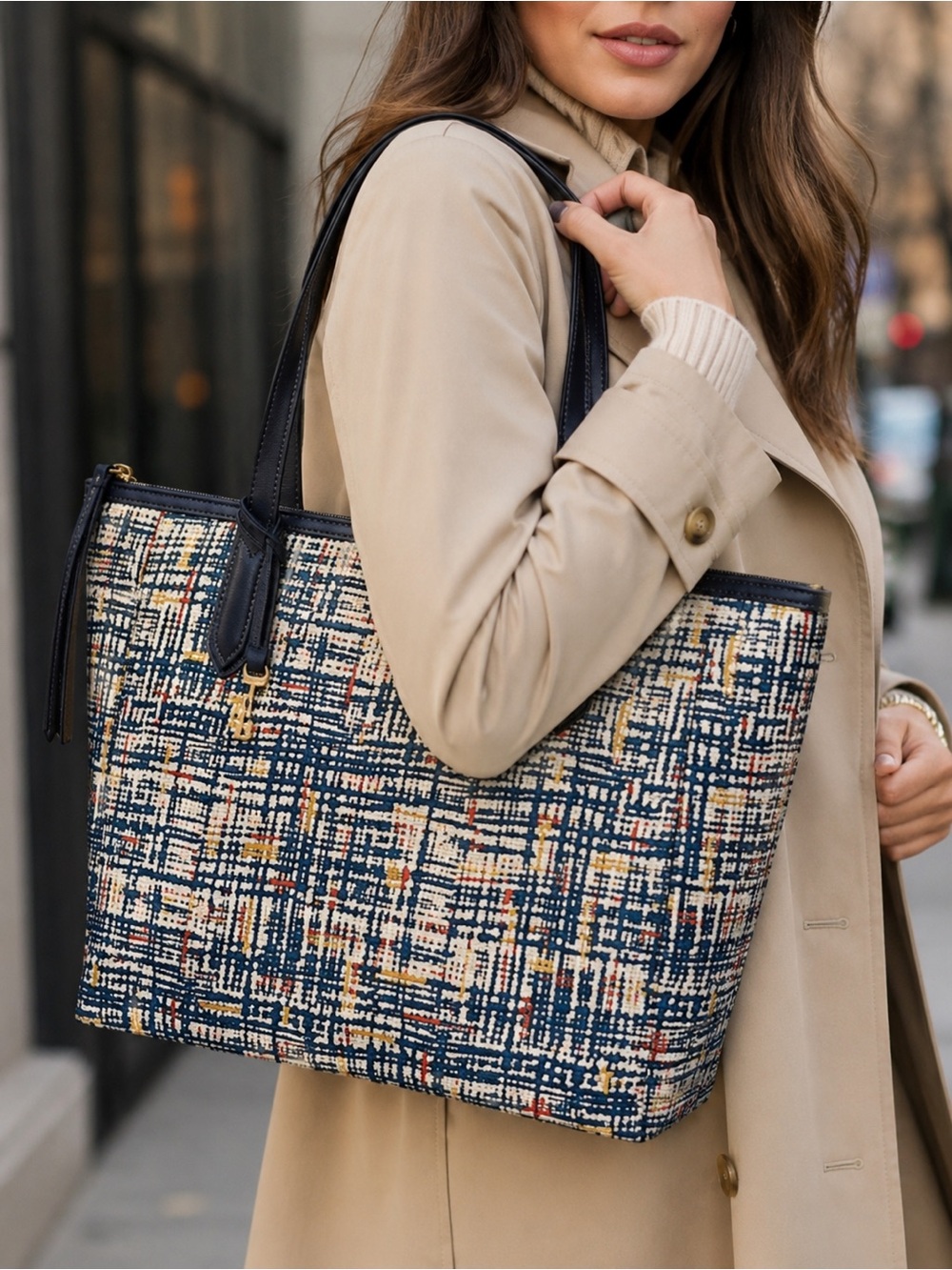 FOSSIL Women's Navy Multicolored Geometric Large SYDNEY Tote Bag NEW